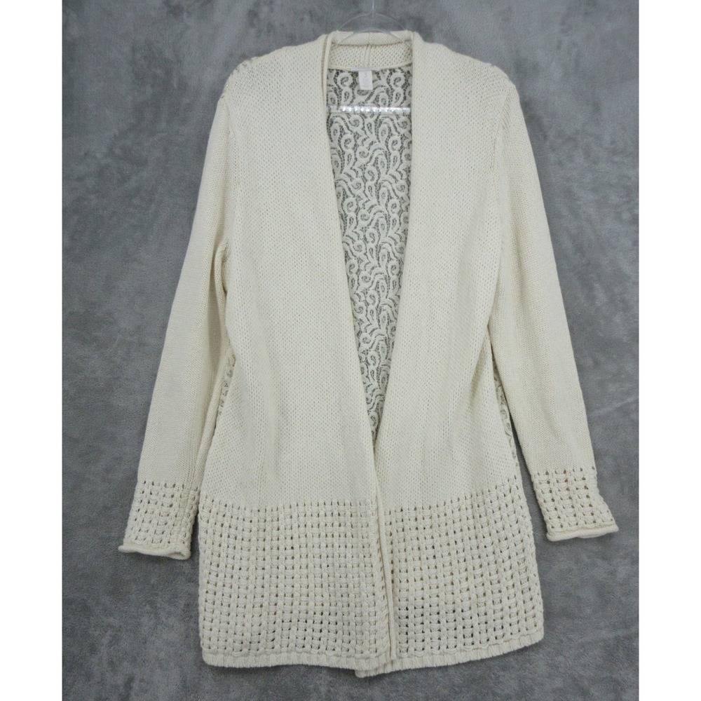 Chicos Sweater Womens Size 3 XL Cream Sheer Lace Back Open Front Duster Romantic